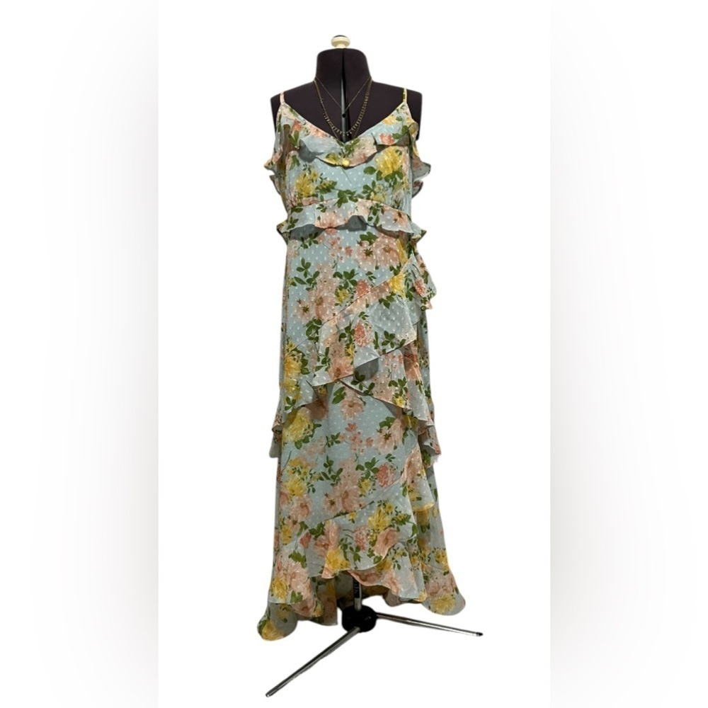 By The River Blossom In Time Blue Multi Floral Ruffle Tiered Midi Dress Size L - Picture 7 of 14